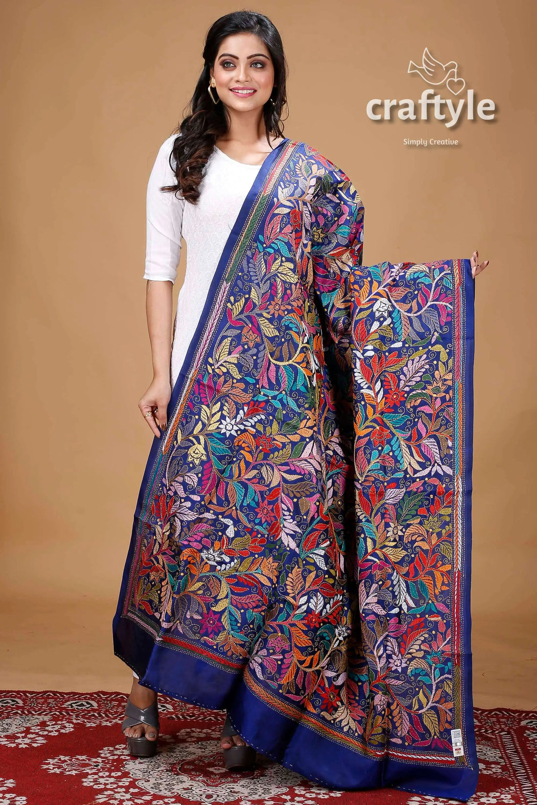 Berry Blue Pure Bangalore Silk Kantha Stitch Wrap - Craftyle