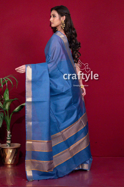 Berry Blue Zari Border Mangalgiri Silk Saree with Blouse Piece - Craftyle