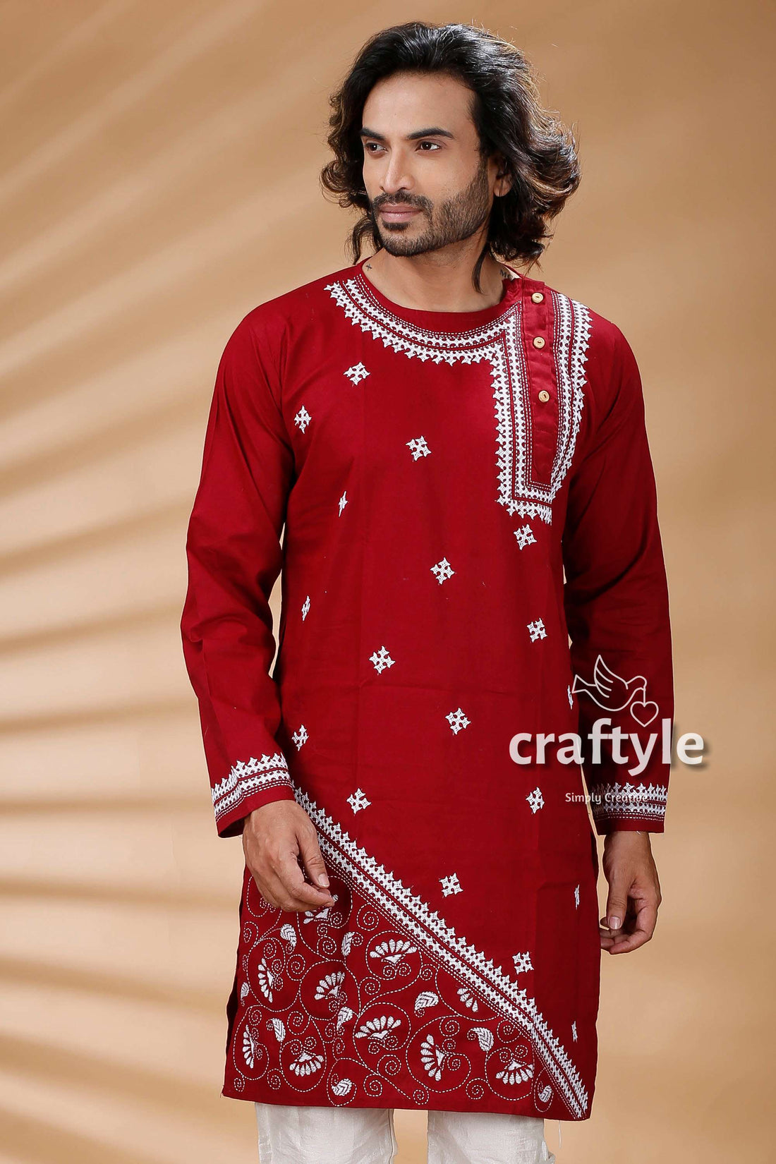 Berry Red Kantha Stitch Cotton Panjabi for Men - Craftyle