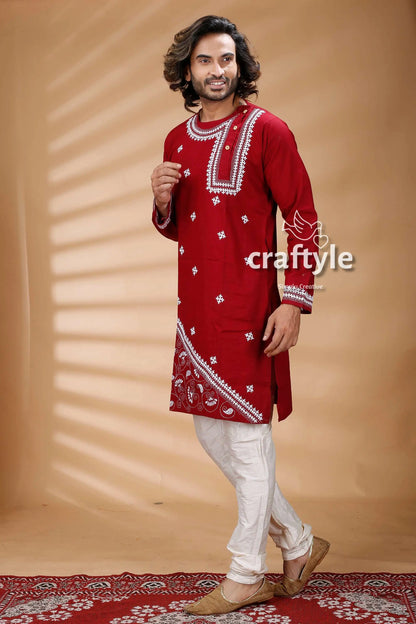 Berry red kantha stitch cotton panjabi for men maroon embroidered kurta white pants 4