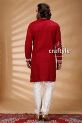 Berry red kantha stitch cotton panjabi for men red kurta pajama set 5