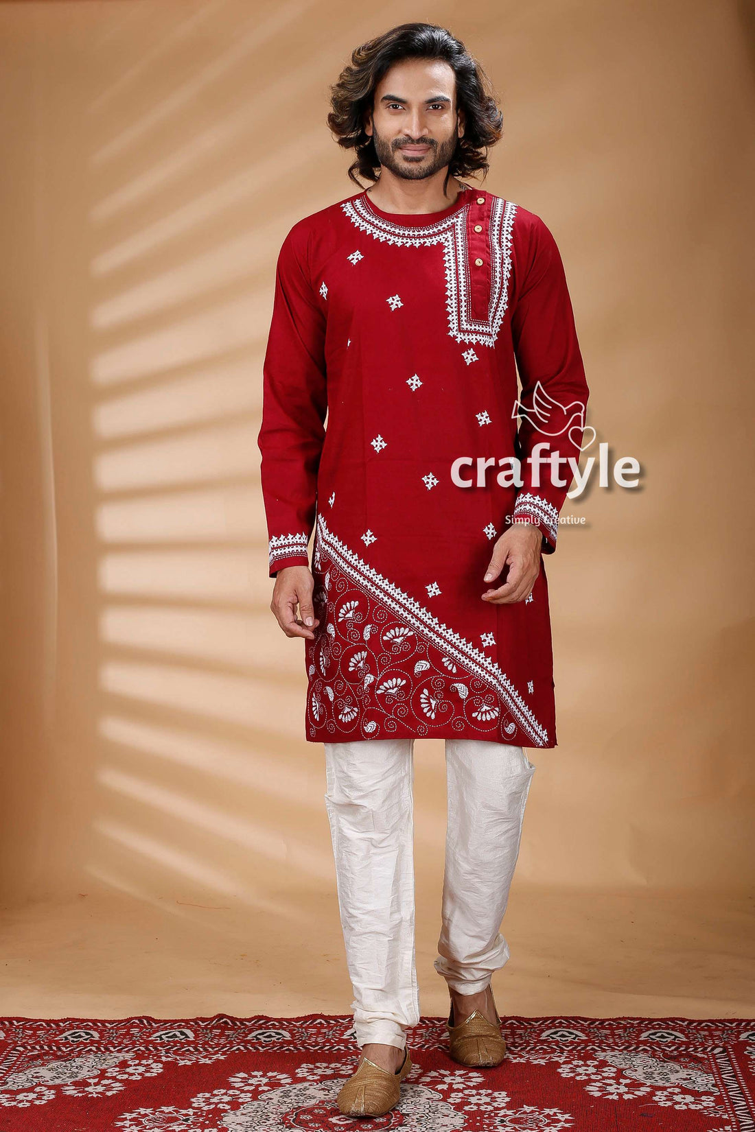 Berry Red Kantha Stitch Cotton Panjabi for Men - Craftyle