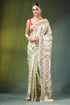 Beryl green peacock design handcrafted silk kantha saree woman wears off-white 1