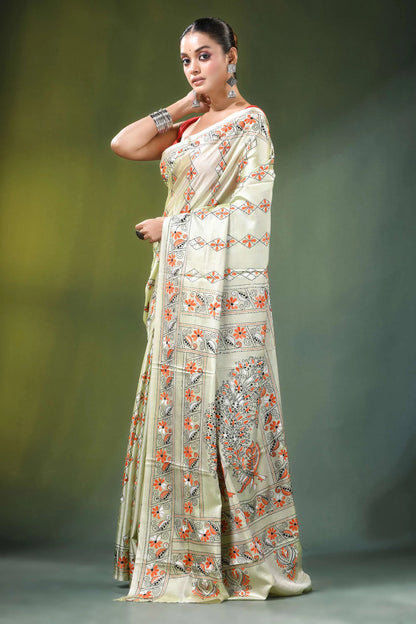 Beryl green peacock design handcrafted silk kantha saree cream-colored adorned intricate 3