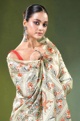 Beryl green peacock design handcrafted silk kantha saree woman wears cream-colored 2