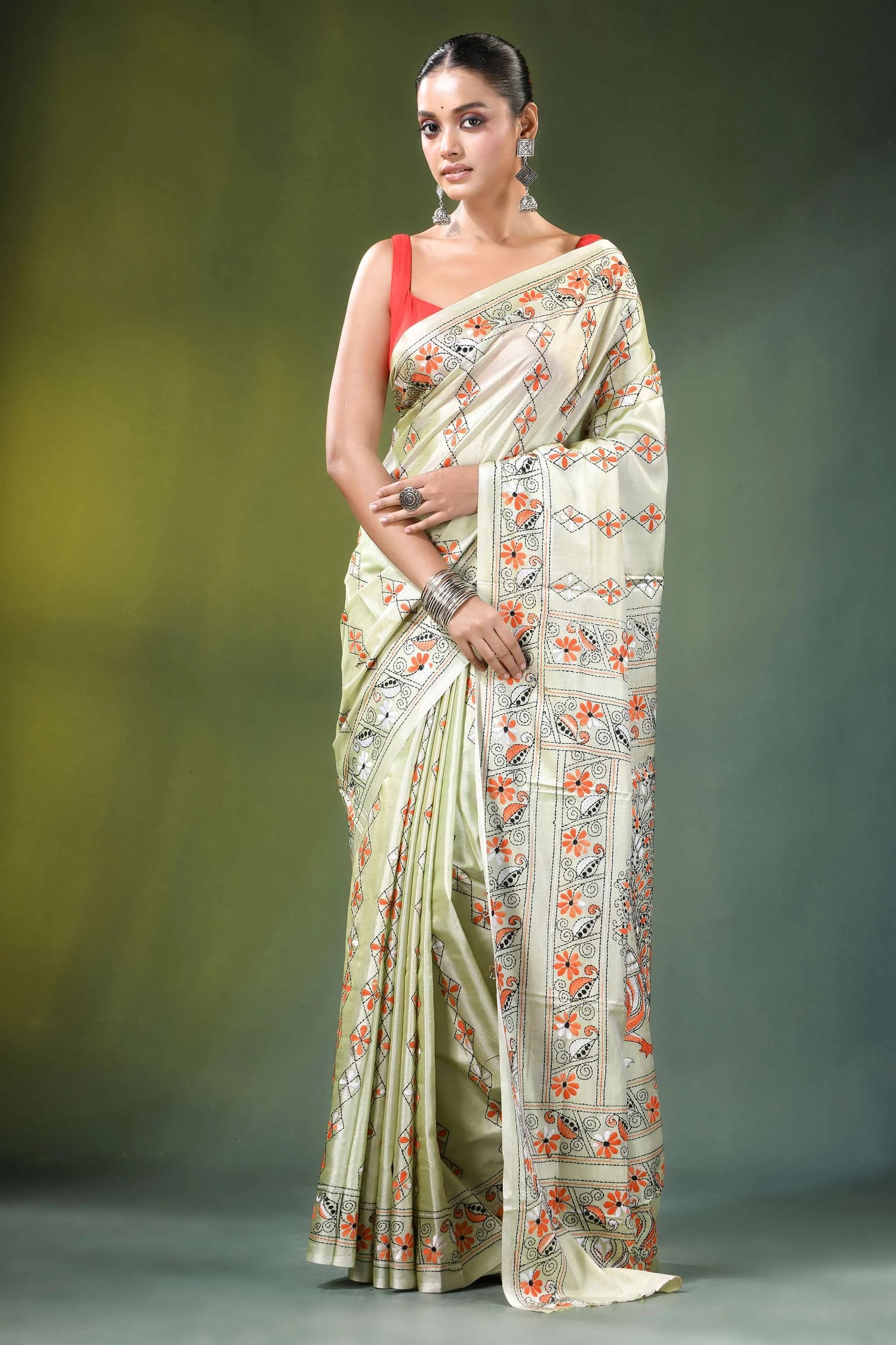 Beryl green peacock design handcrafted silk kantha saree woman wears light 6