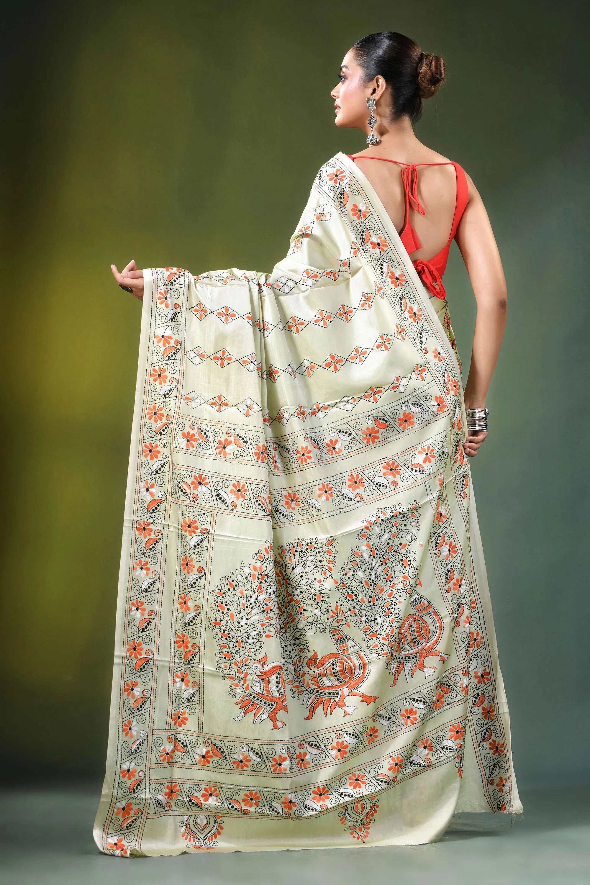 Beryl green peacock design handcrafted silk kantha saree cream-colored intricate orange 5