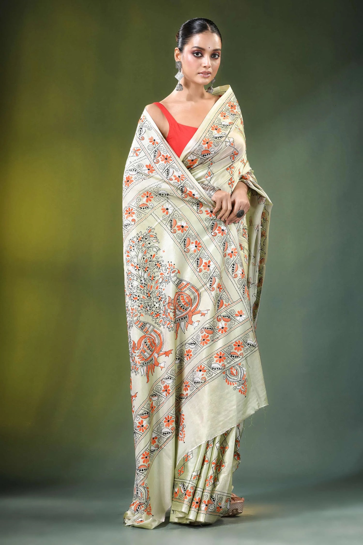 Beryl green peacock design handcrafted silk kantha saree beige intricate orange 4