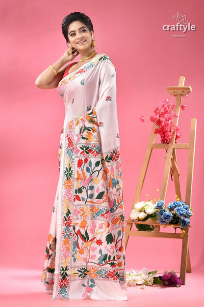 Bird and blossom motif white silk kantha saree white saree colorful embroidered floral 3