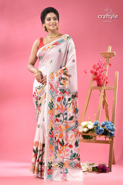 Bird and blossom motif white silk kantha saree white saree vibrant colorful floral 5