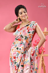 Bird and blossom motif white silk kantha saree white saree colorful floral bird 2