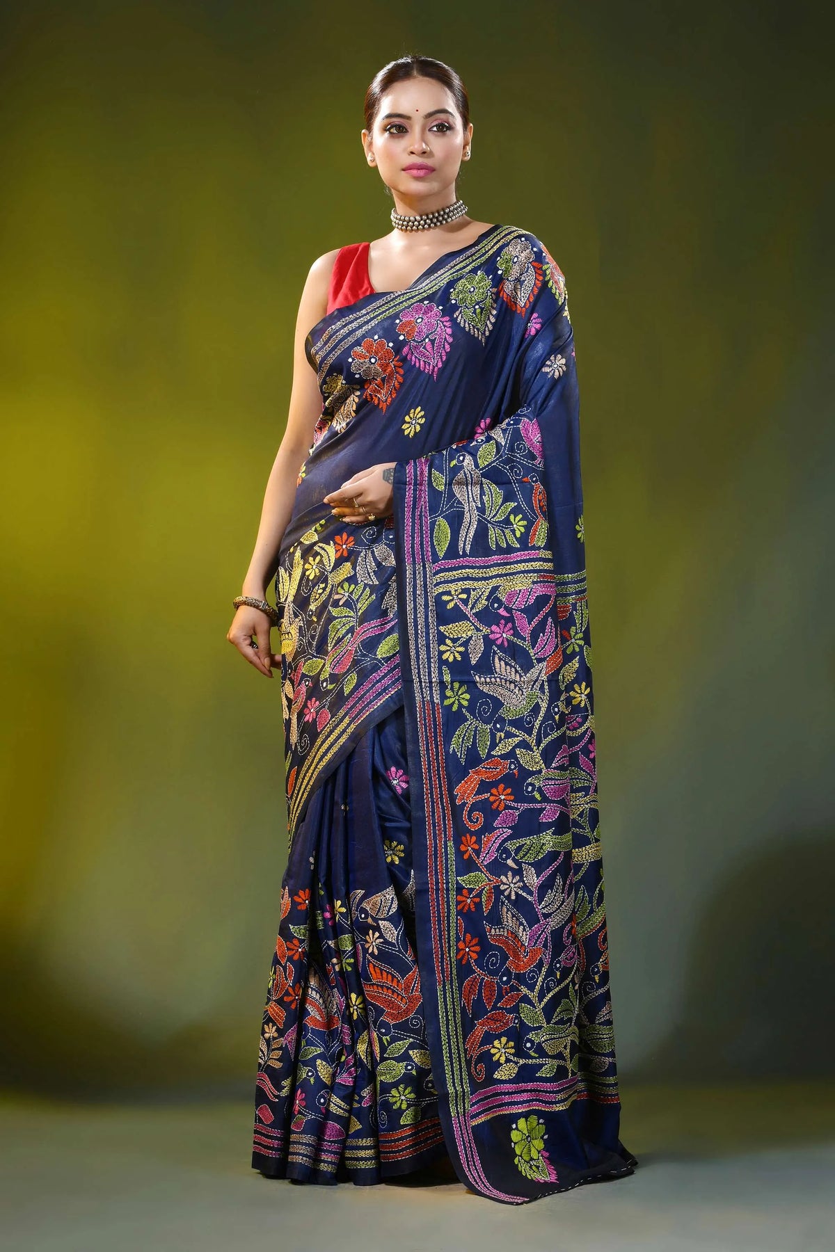 Bird and floral design navy blue handmade silk kantha saree 6