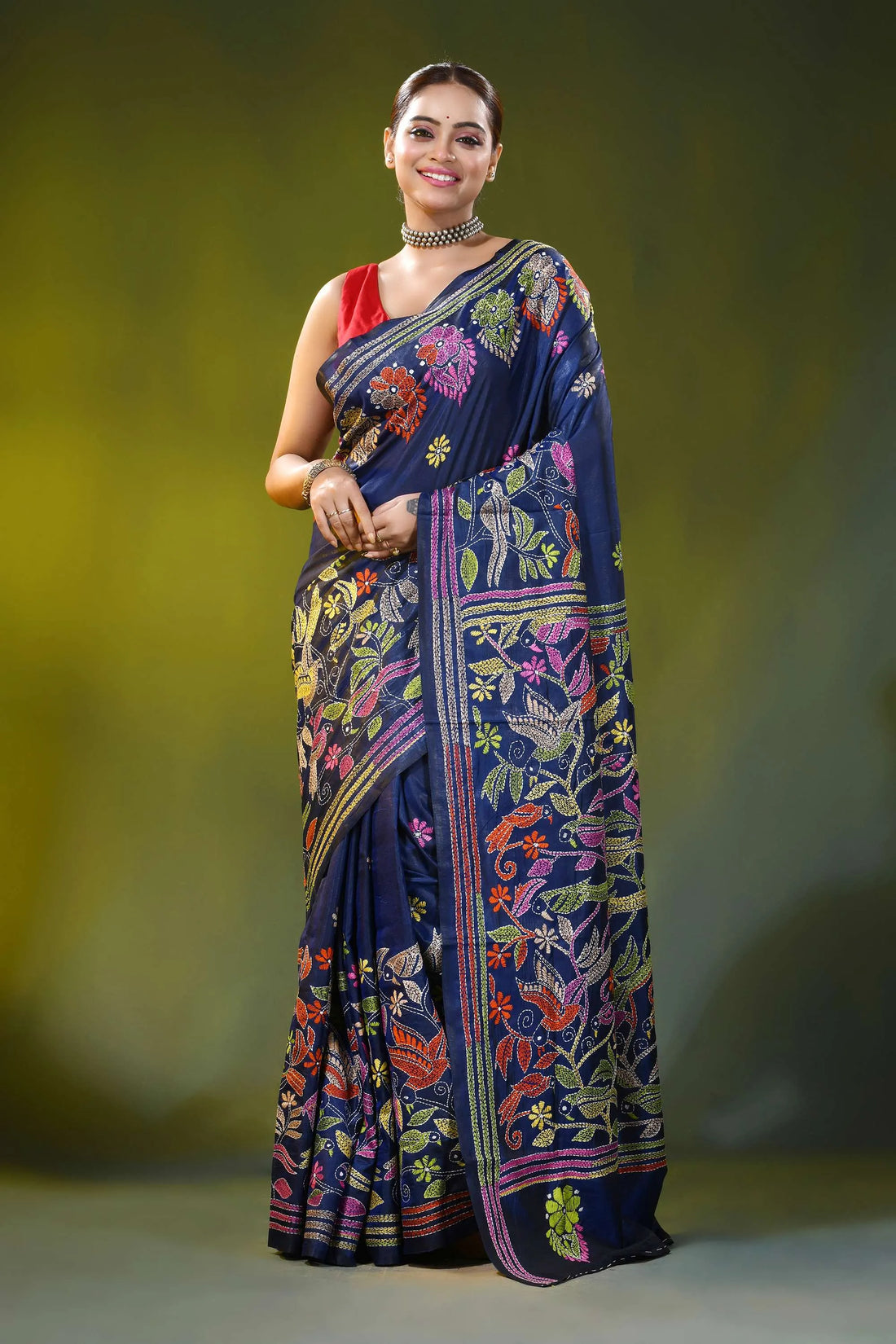 Bird and floral design navy blue handmade silk kantha saree 1