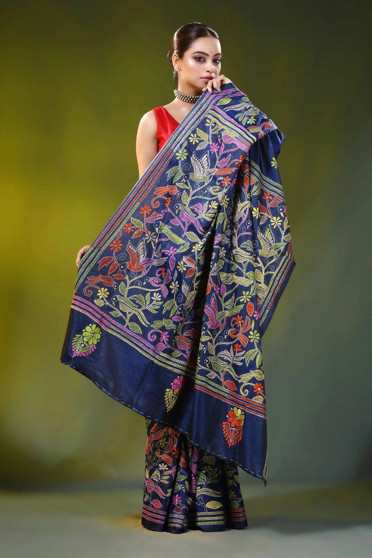Bird and floral design navy blue handmade silk kantha saree 4