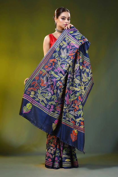 Bird and floral design navy blue handmade silk kantha saree 4