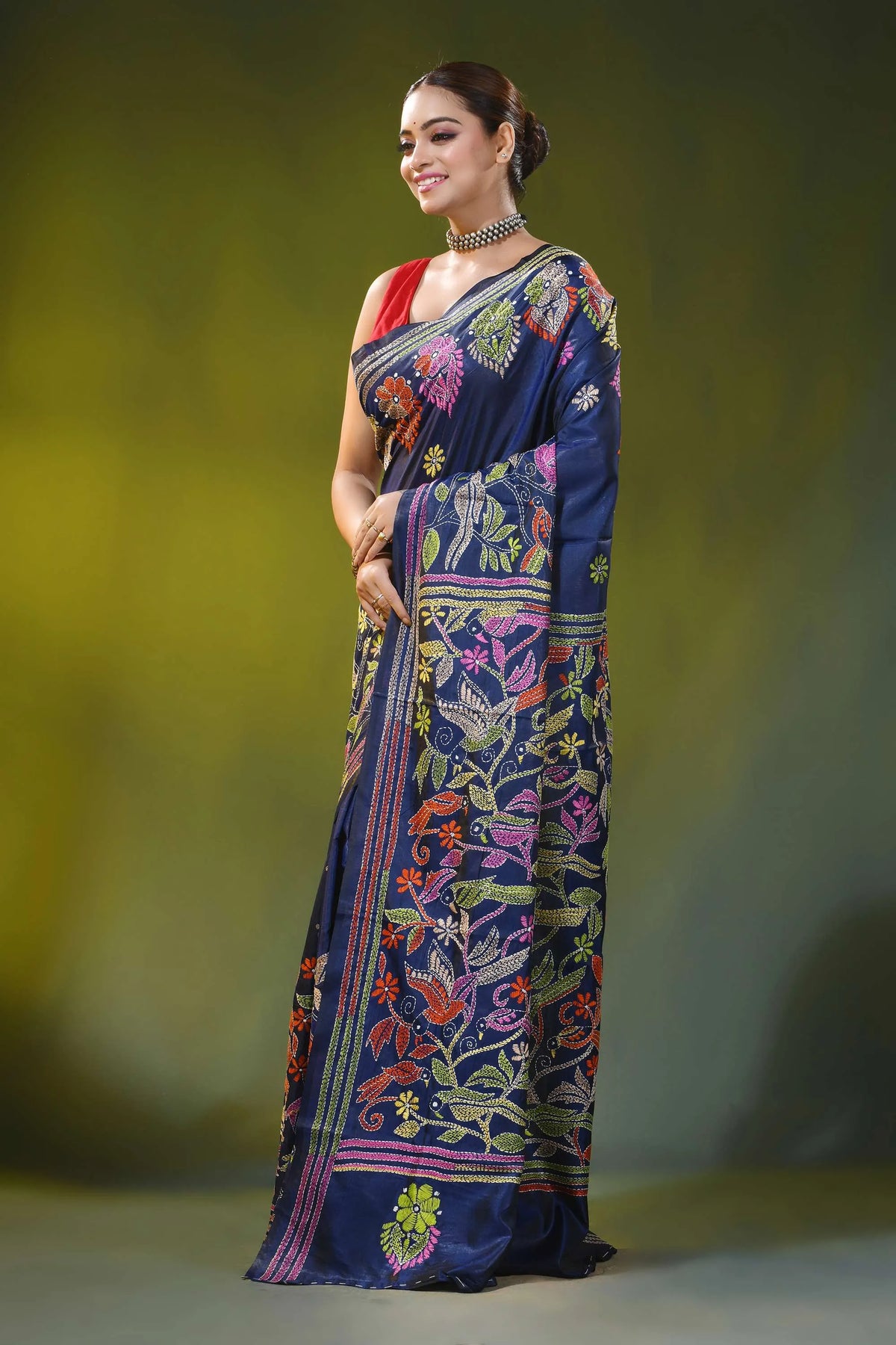 Bird and floral design navy blue handmade silk kantha saree 3