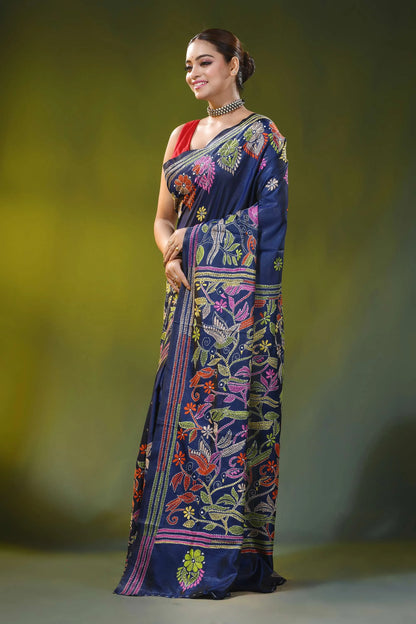 Bird and floral design navy blue handmade silk kantha saree 3