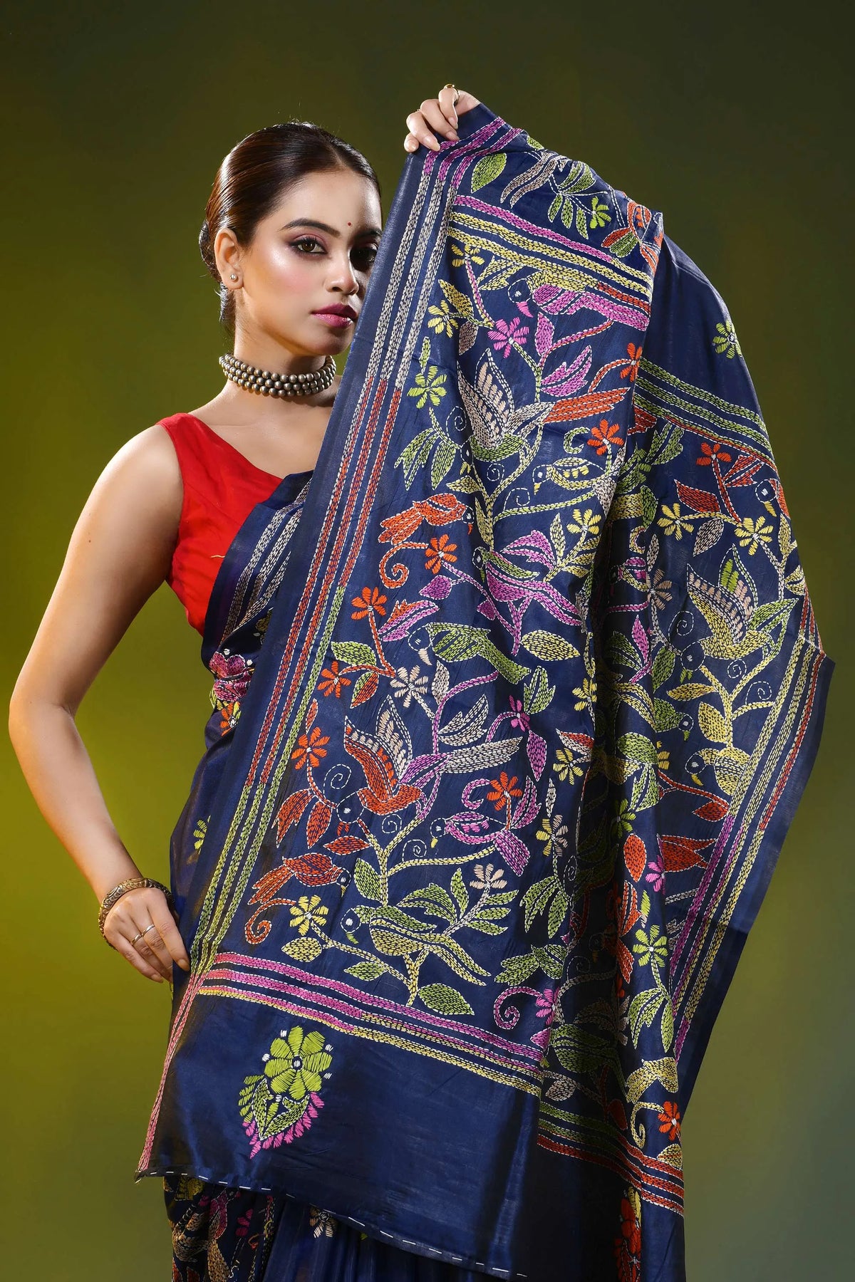 Bird and floral design navy blue handmade silk kantha saree 2