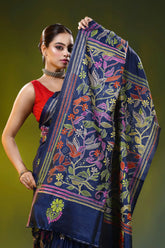 Bird and floral design navy blue handmade silk kantha saree 2