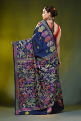 Bird and floral design navy blue handmade silk kantha saree 5