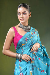 Bird & lotus nature theme silk kantha saree in aqua blue vibrant turquoise adorned 2