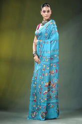 Bird & lotus nature theme silk kantha saree in aqua blue vibrant turquoise adorned 3