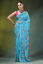Bird & lotus nature theme silk kantha saree in aqua blue vibrant turquoise adorned 6