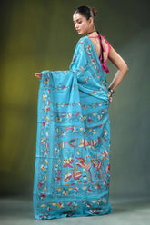 Bird & lotus nature theme silk kantha saree in aqua blue vibrant turquoise adorned 5