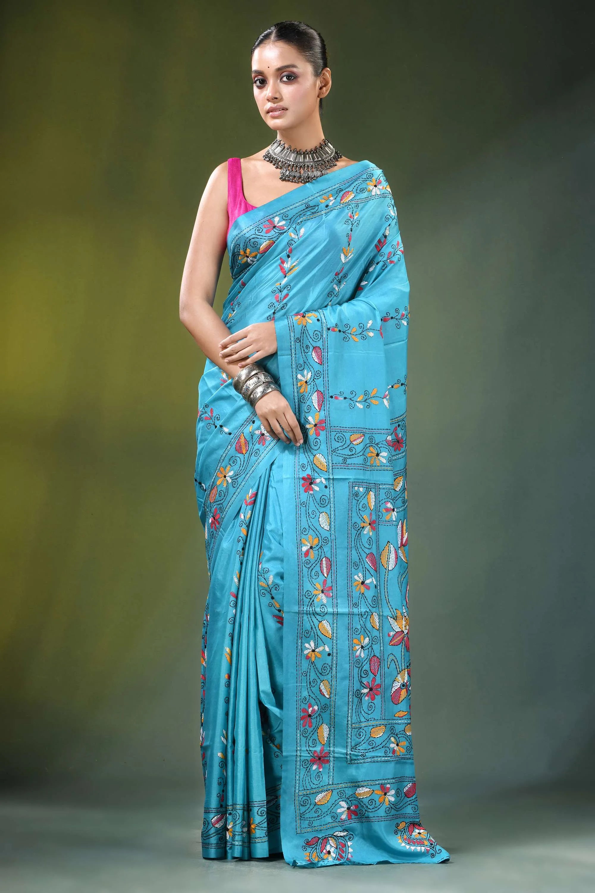 Bird &amp; lotus nature theme silk kantha saree in aqua blue vibrant turquoise adorned 1
