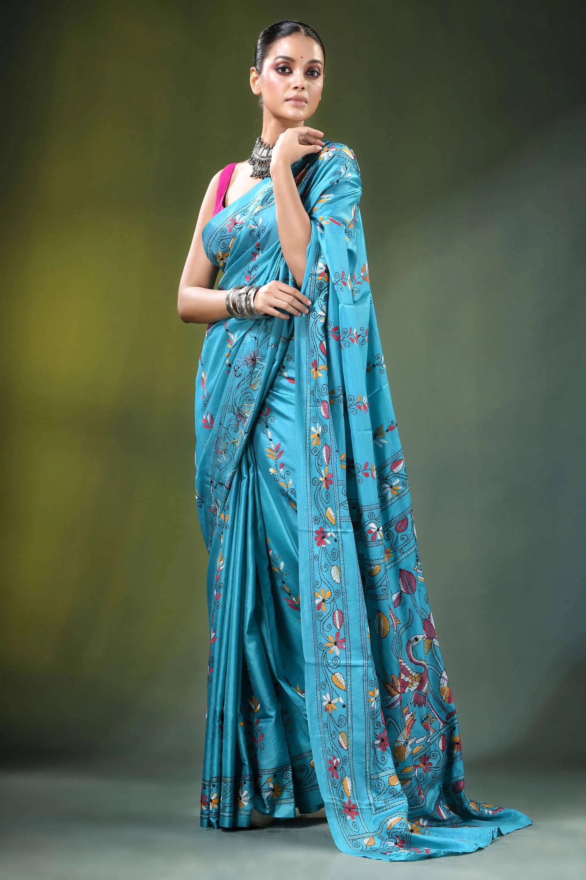 Bird &amp; lotus nature theme silk kantha saree in aqua blue vibrant turquoise adorned 4