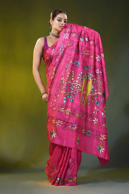 Bird motif design magenta pink handcrafted silk kantha saree 4
