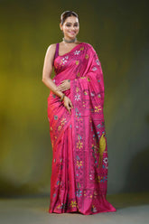 Bird motif design magenta pink handcrafted silk kantha saree 1