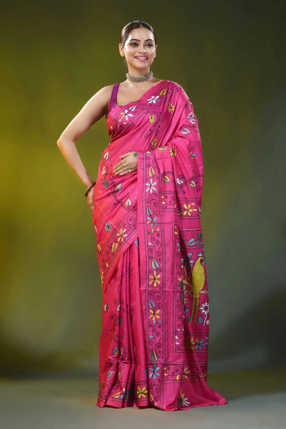 Bird motif design magenta pink handcrafted silk kantha saree 6