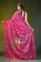 Bird motif design magenta pink handcrafted silk kantha saree 5