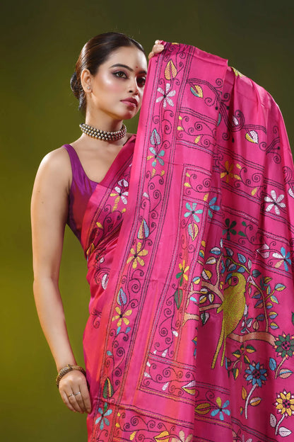 Bird motif design magenta pink handcrafted silk kantha saree 2