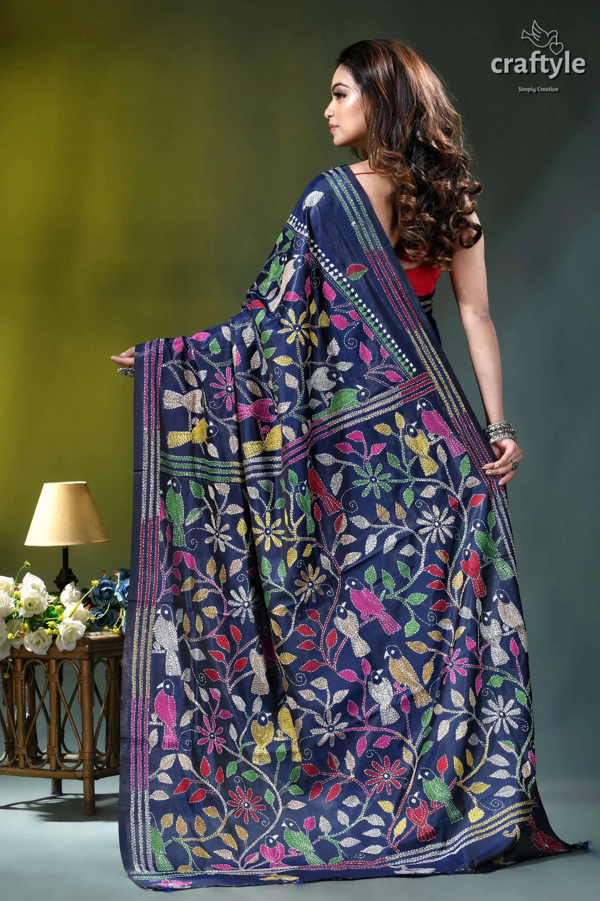 Bird motif hand embroidered kantha stitch silk saree in lapis blue navy blue saree intricate colorful 4