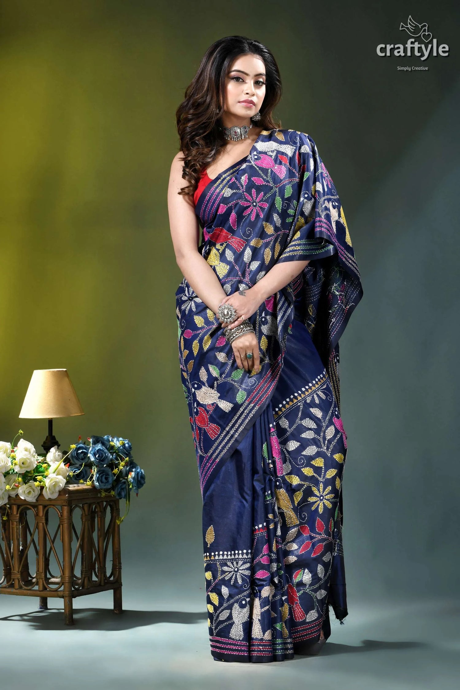 Bird motif hand embroidered kantha stitch silk saree in lapis blue navy blue saree adorned vibrant 5