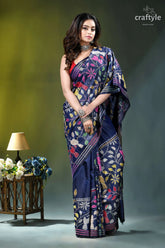 Bird motif hand embroidered kantha stitch silk saree in lapis blue navy blue saree adorned vibrant 5