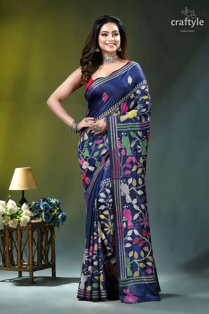 Bird motif hand embroidered kantha stitch silk saree in lapis blue navy blue saree adorned intricate 6