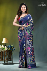 Bird motif hand embroidered kantha stitch silk saree in lapis blue navy blue saree adorned intricate 1