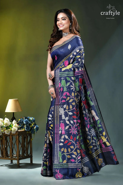 Bird motif hand embroidered kantha stitch silk saree in lapis blue navy blue silk saree adorned 3
