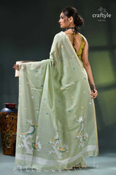 Bird motif handwoven soft cotton jamdani saree in laurel green sage green peacock embroidered organza 6