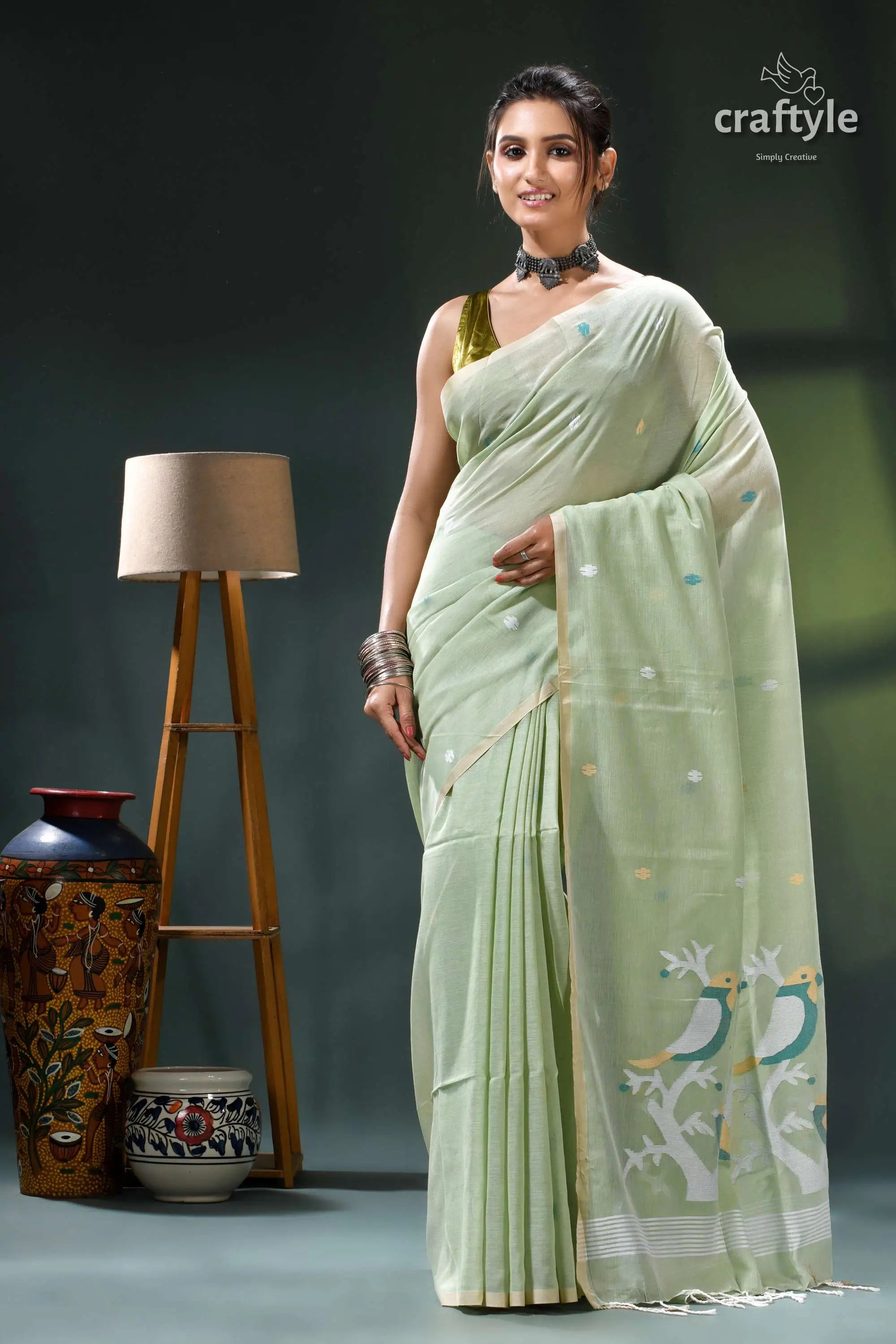 Bird motif handwoven soft cotton jamdani saree in laurel green pastel green saree peacock design 7