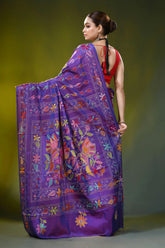 Bird motif imperial purple silk kantha saree - hand embroidered 5