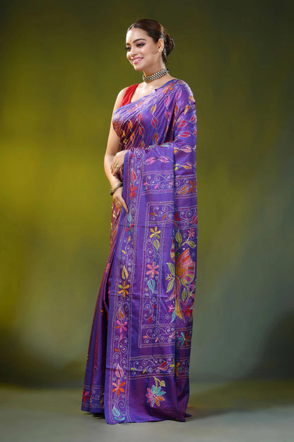 Bird motif imperial purple silk kantha saree - hand embroidered 3