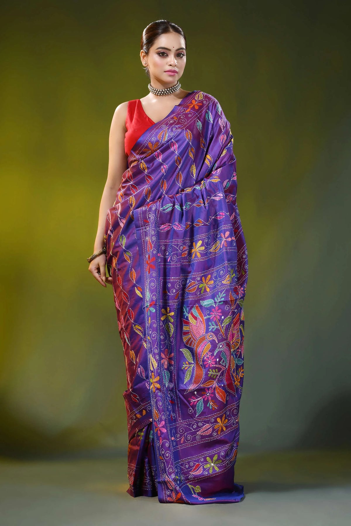Bird motif imperial purple silk kantha saree - hand embroidered 4