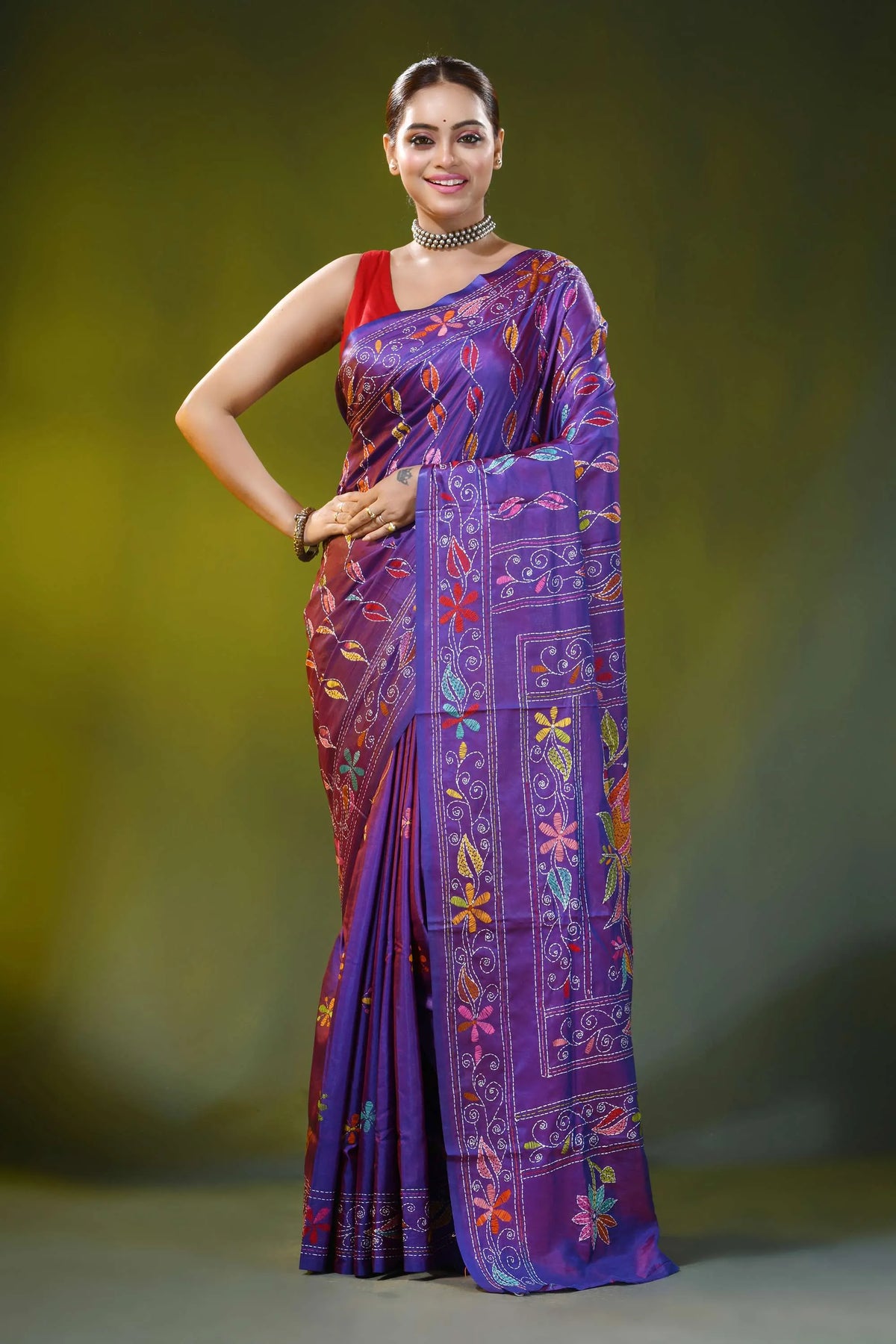Bird motif imperial purple silk kantha saree - hand embroidered 1