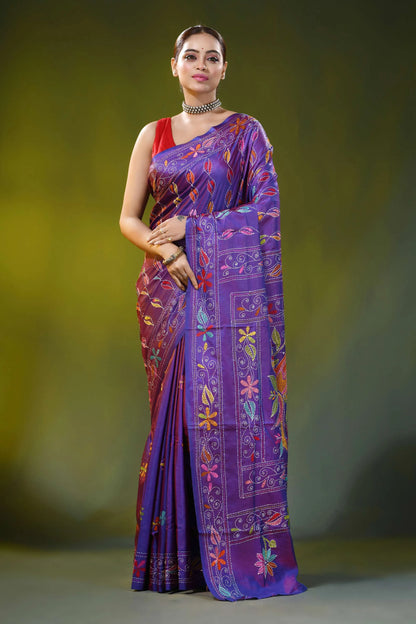 Bird motif imperial purple silk kantha saree - hand embroidered 6