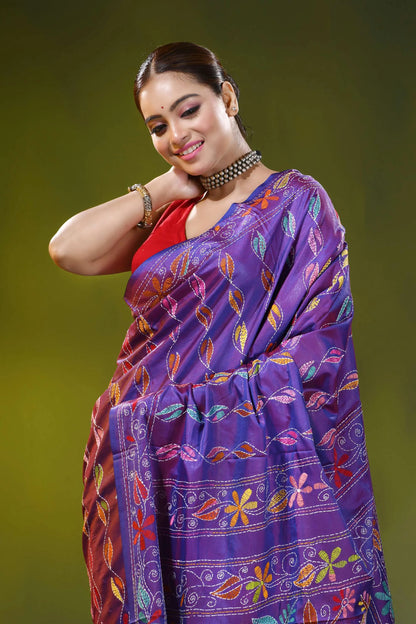 Bird motif imperial purple silk kantha saree - hand embroidered 2