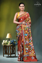 Bird motif kantha embroidery silk saree in roof terracotta vibrant red hand-block printed saree 1